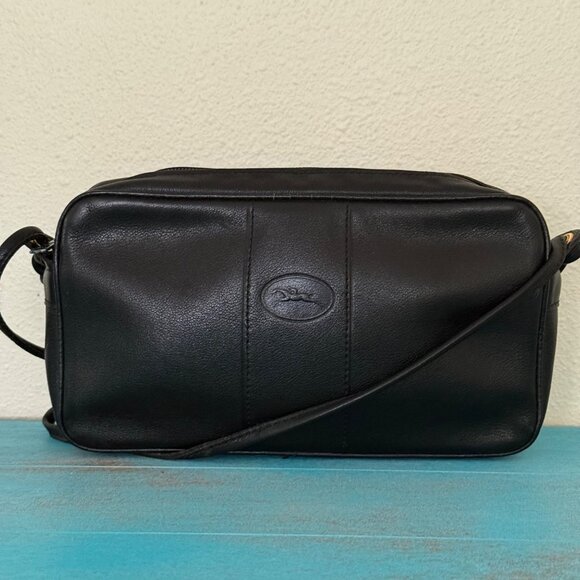 Vintage Longchamp Black Leather Crossbody Bag - Picture 1 of 11